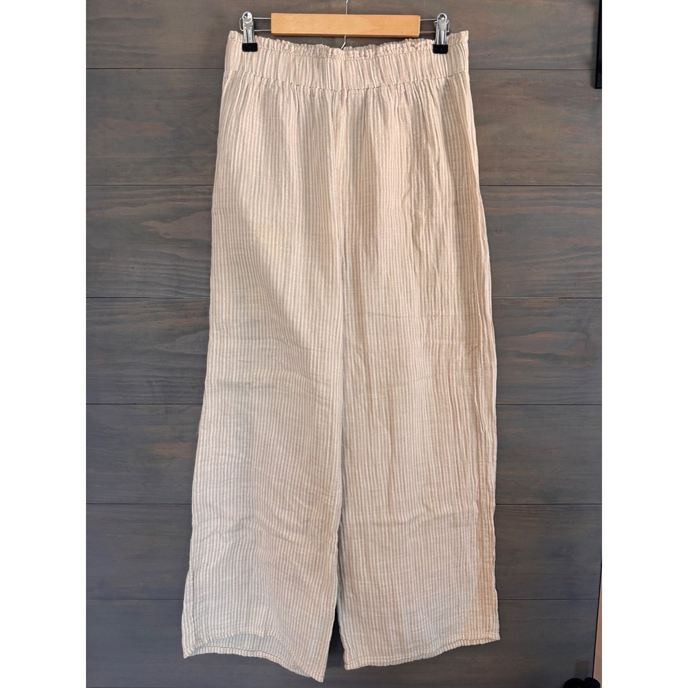 Z Supply Gauze Wide Leg Pants Beige White Striped Cotton Elastic Waist ZLP213942